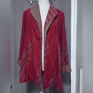 Women’s Yushi Open Front Red Orange Geometric Patterned Sweater Cardigan